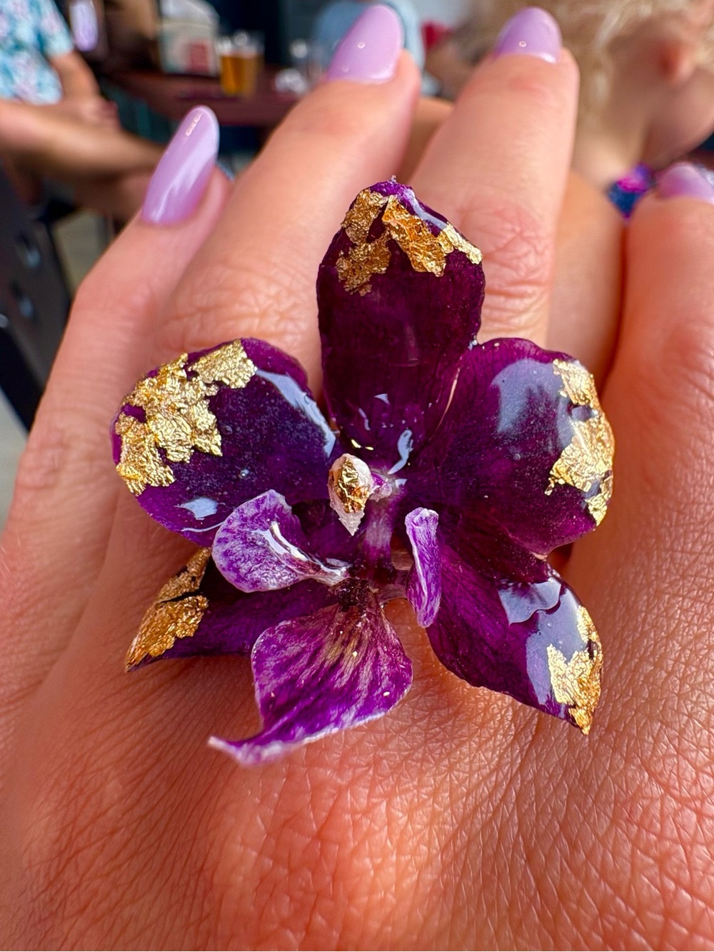 Purple & Gold Gilded REAL Orchid Ring